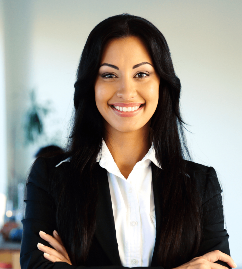 Portrait of Ava Thompson smiling with arms crossed in a black blazer, team member photo in the Layout 3 team section demo