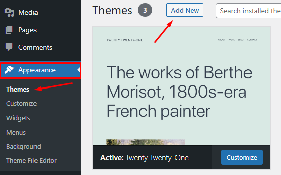 Adding a new theme from the WordPress admin dashboard