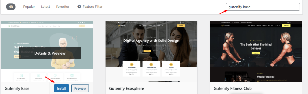 Searching for "gutenify base" and installing the theme