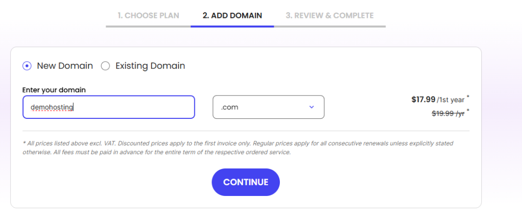 Enter your new domain or existing domain name.