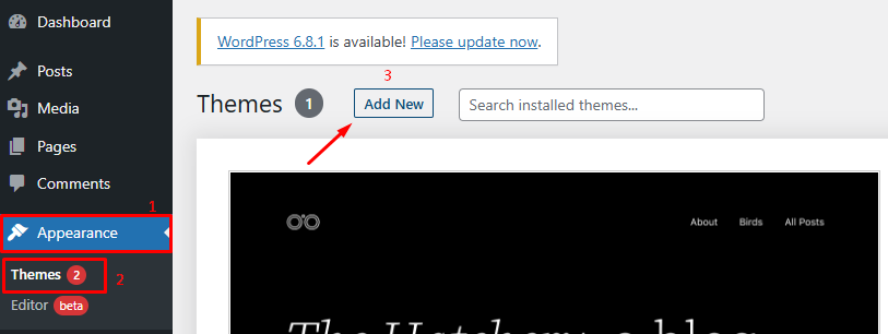 To install the theme, click on "Add new" button in WordPress