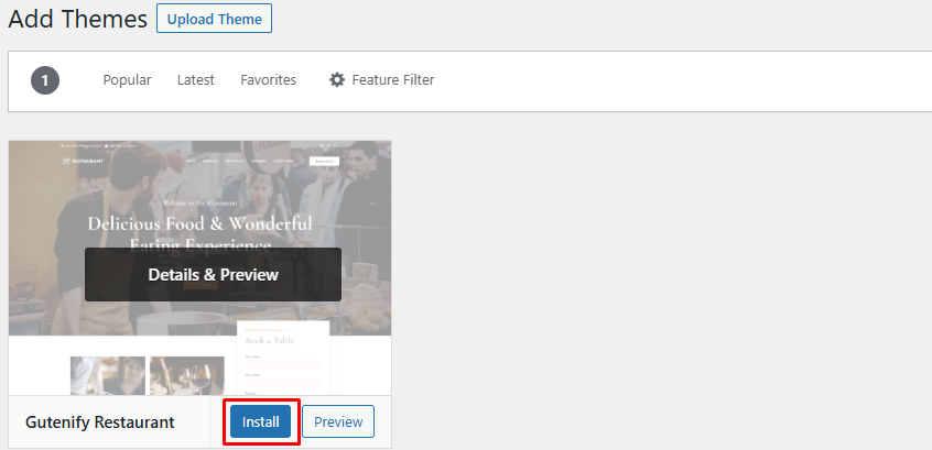 Install Gutenify Restaurant theme in WordPress.