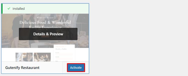 Now activate the Gutenify Restaurant theme in WordPress