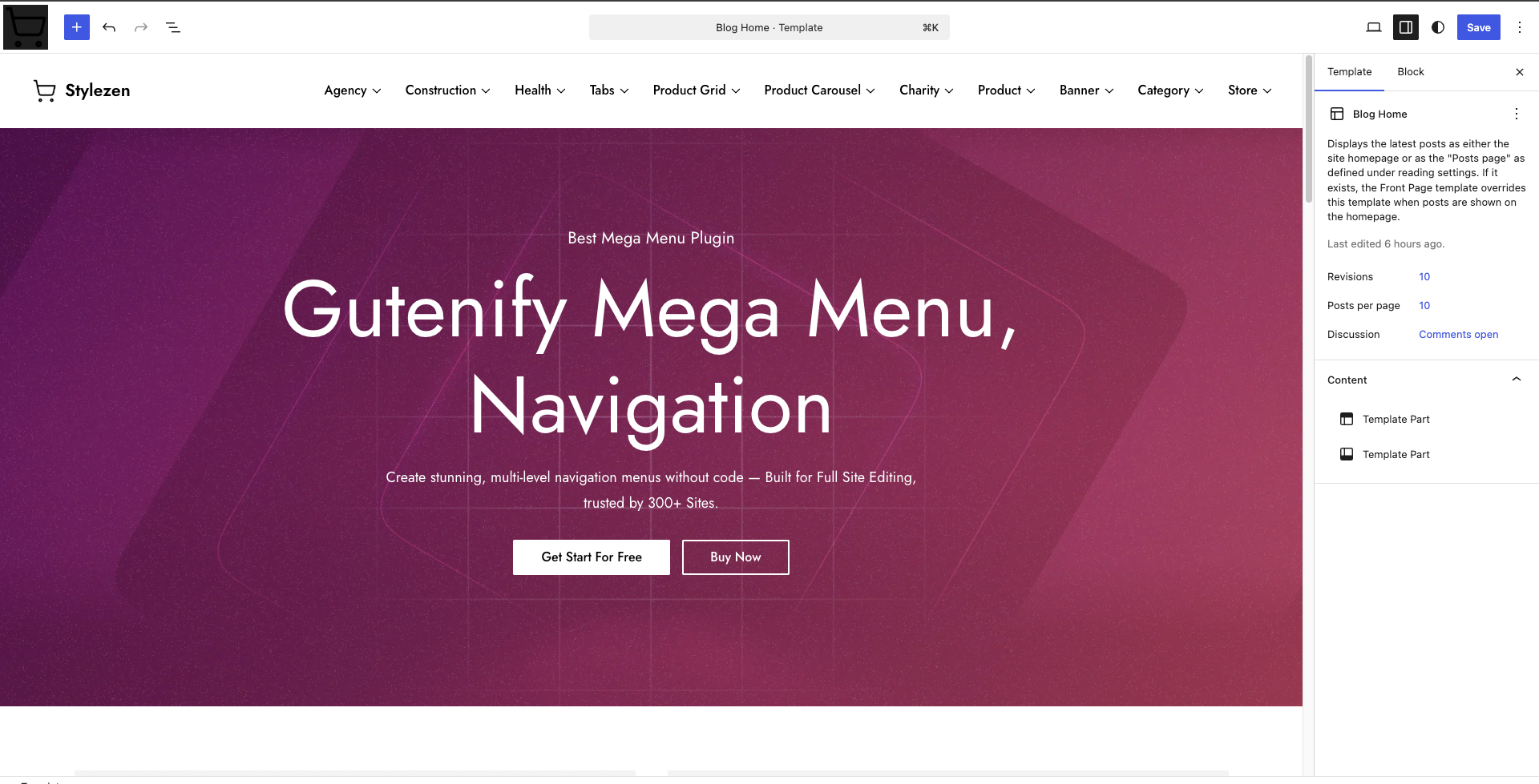 Opening the Site Editor to add the Mega Menu block