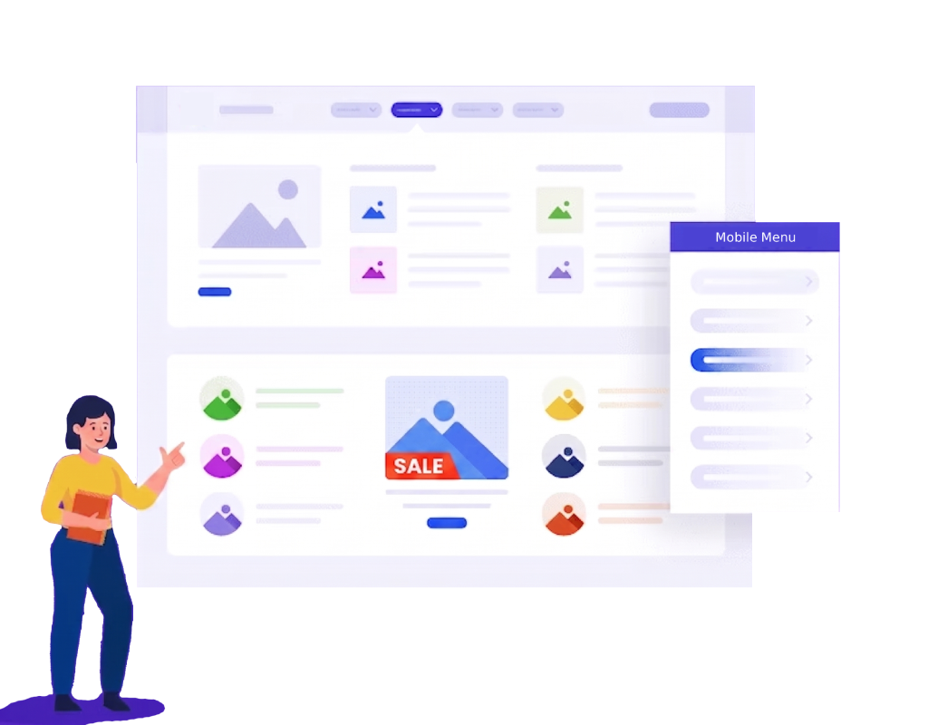 Illustration of a website with a mega menu dropdown open on desktop and a mobile navigation menu panel expanded alongside it.