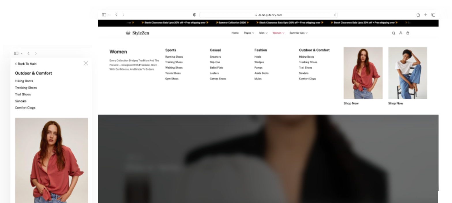 Gutenify Mega Menu Pro desktop dropdown and mobile off-canvas menu shown on the StyleZen demo
